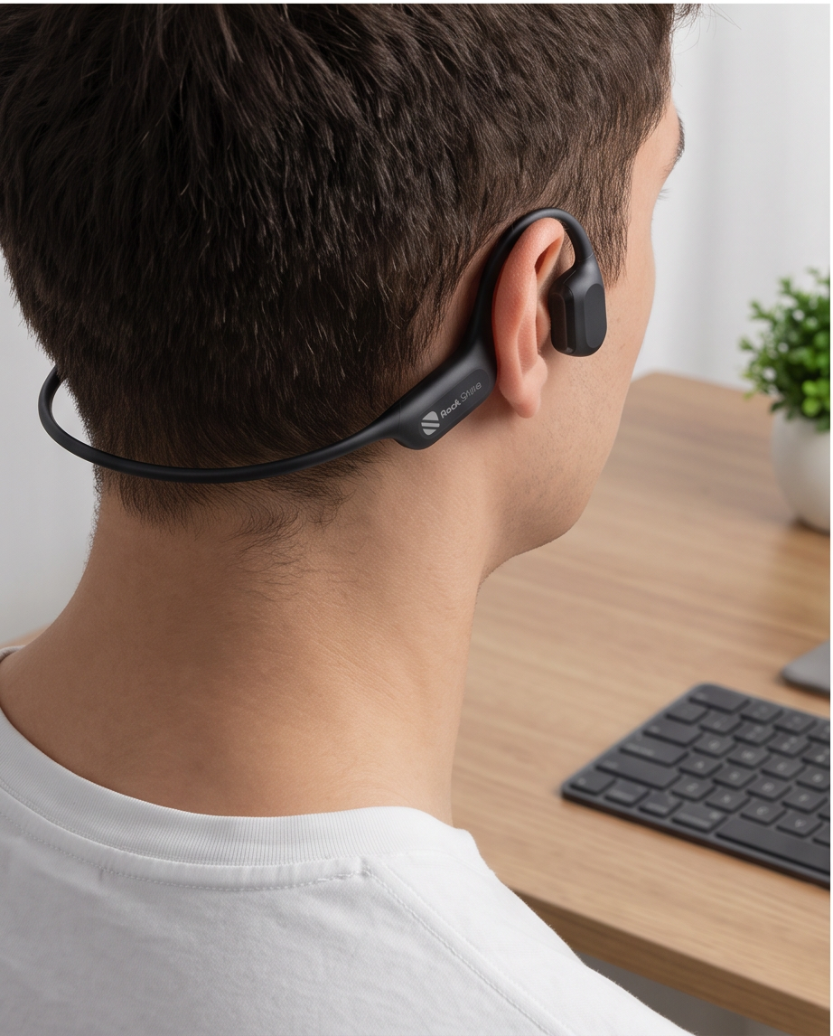 後ろから見たR1の装着例。耳掛けとネックバンドの位置