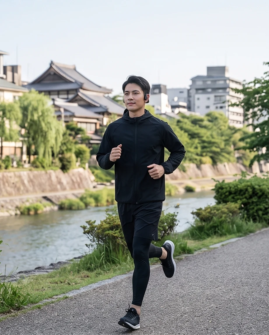 A runner wearing R1 on a riverside city path