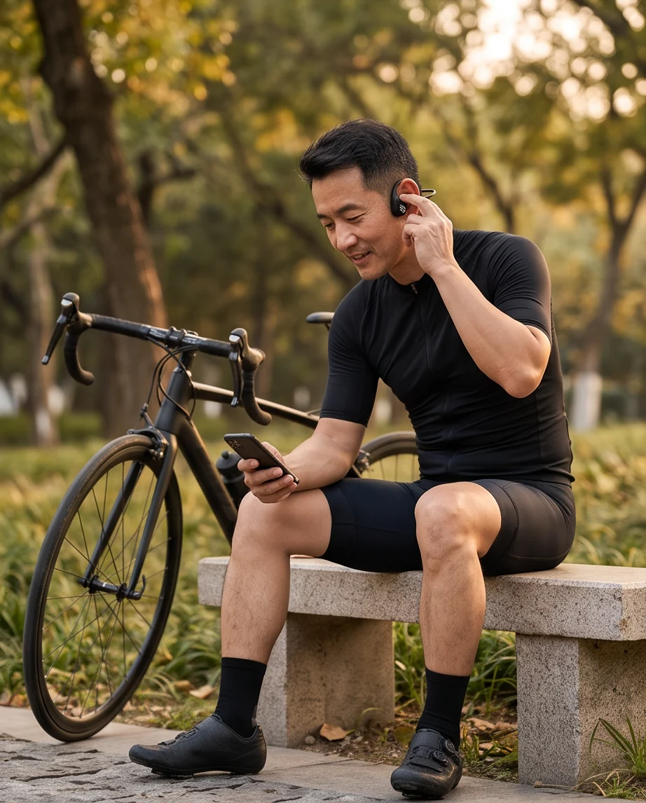 A cyclist resting on a bench and adjusting R1