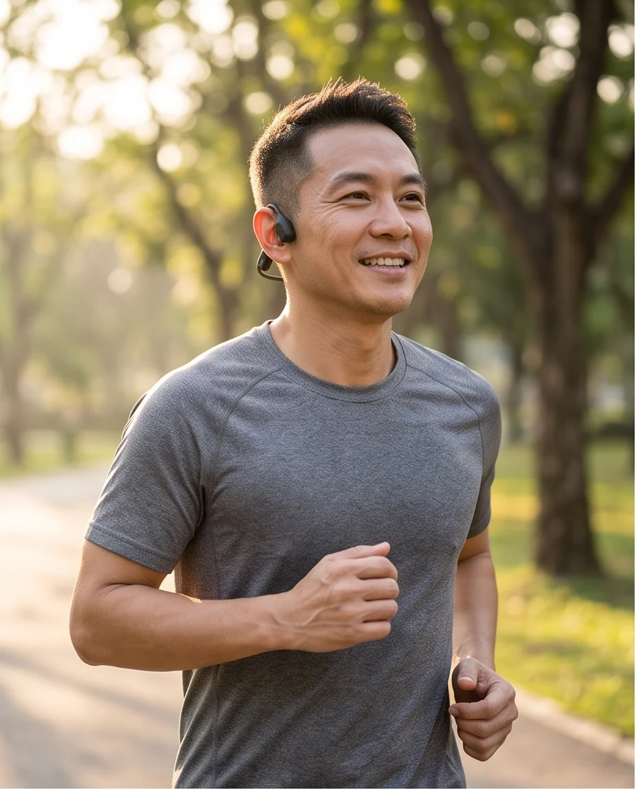 A runner wearing R1 on a tree-lined path